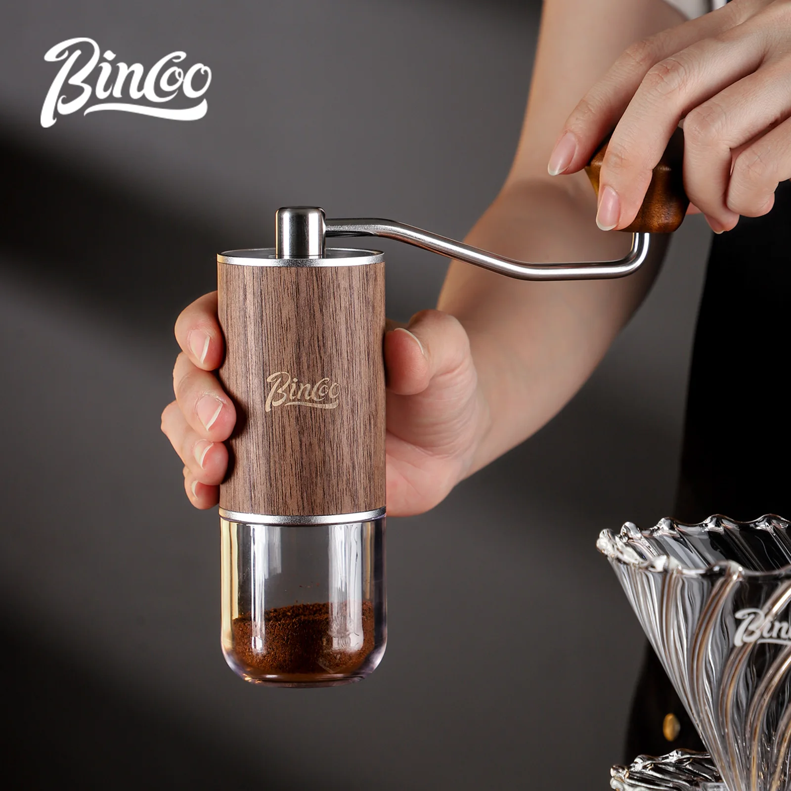 

Портативная кофемолка BINCOO, деревянное зерно, кривошип из нержавеющей стали, ручная кофемолка с ЧПУ, 6-звездочный кухонный инструмент, шлифовальные машины
