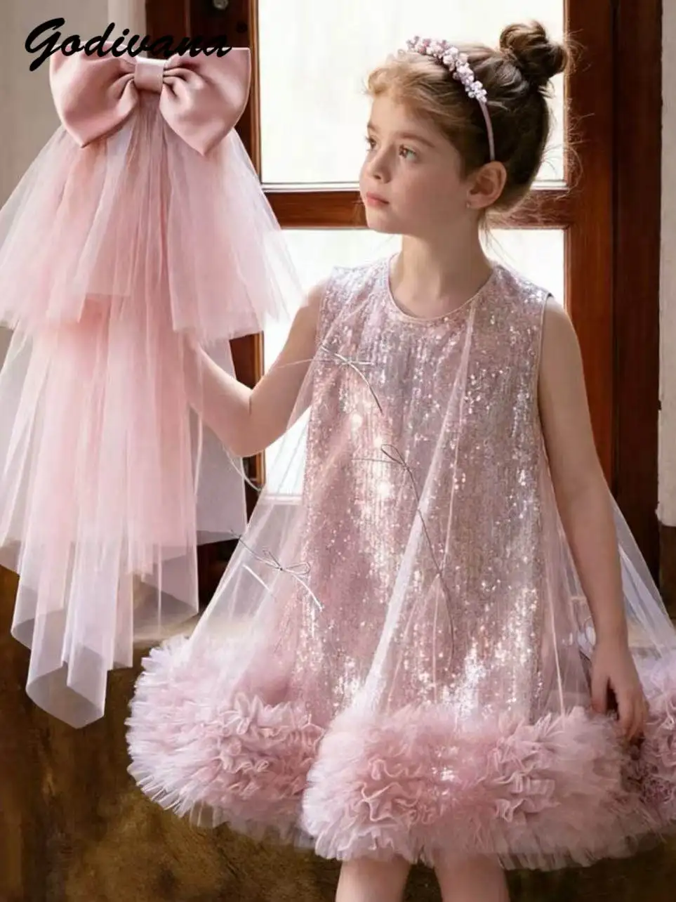 Sweet Girls Spring and Summer 2026 New Luxury Birthday Party Princess Sundress Kids Sleeveless O-neck Sequin Tulle Vest Dress