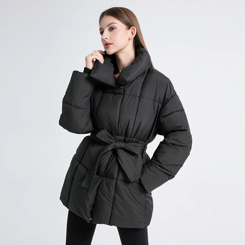 Women Winter Puffer Jacket 2024 Stand Collar Slim Bandage Medium Long Cotton Padded Coats Female Streetwear Parkas Mujer