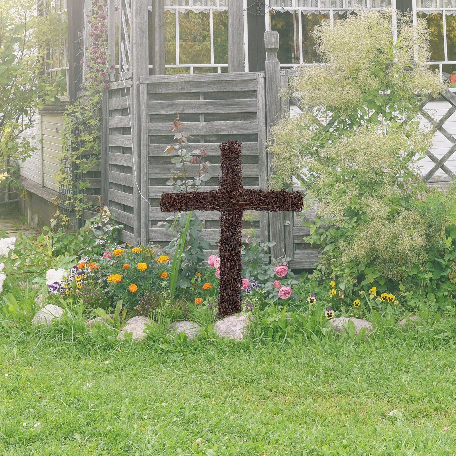 

Rattan Cross Stake DIY Decorative Woven Garden Yard Backyard Lawn Outdoor Religious Cross Ornament Rattan Wreath