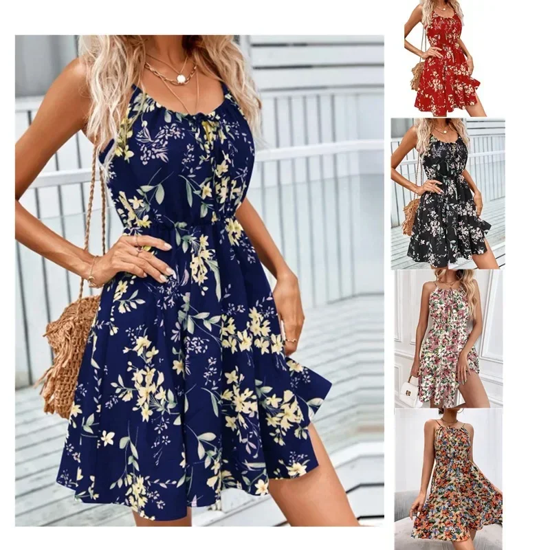 

Sexy Floral Print Short Dress Women Summer Fashion Black Backless Beach Sundress Casual Sleeveless Lace-up New In Dresses 2023