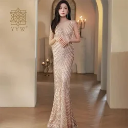 YYW Women Beading Dress Long Prom Dress Mermaid Wedding Party Dress Deep V Neck Gold Sequin Evening Dress Sexy Party Maxi Dress