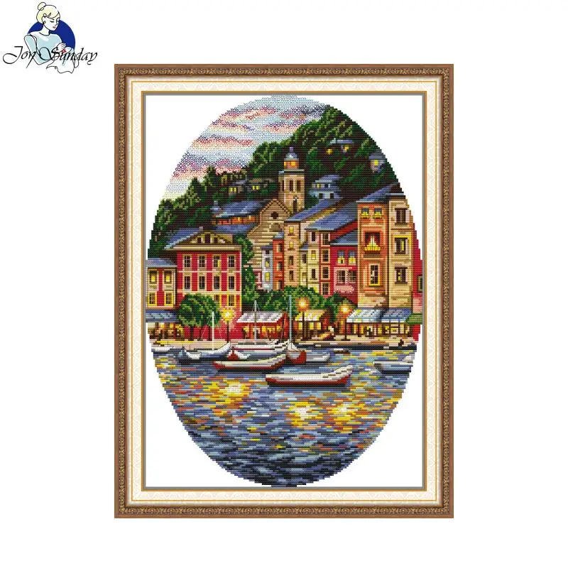 Joy Sunday Small Town By The Sea Pattern Printed Cross Stitch Kits Aida 16/14CT DIY Folk Craft Hand Embroidery Set Home Decor