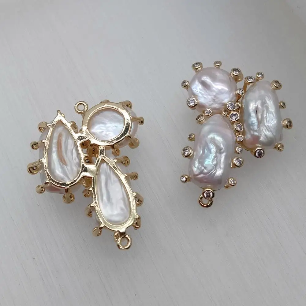 Wholesale 5 PCS Cultured White Biwa Coin Pearl Cz Double Ring Connector For Jewelry Making