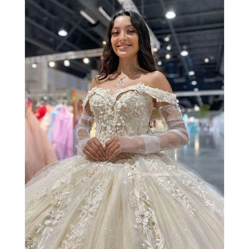 ANGELSBRIDEP Off Shoulder Quinceanera Dresses Handmade Appliqué Lace Puffy Sweet 16 Dress Celebrity Party Gowns Graduation Dress