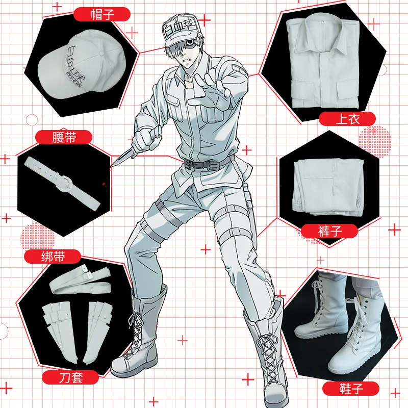 Anime Cellen Op Werk Cosplay Neutrophil Uniformen Hoed Anime Hataraku Saibou Witte Bloedcellen Kostuum Schoenen Hoed Mannen Uniform