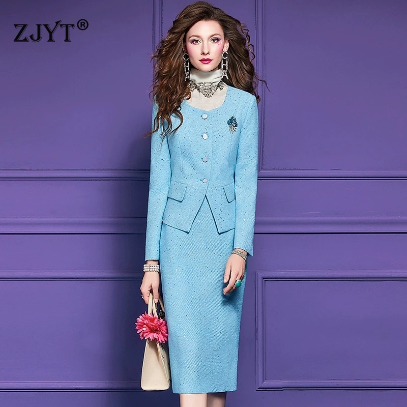 

ZJYT Autumn 2025 Women Sequined Tweed Blazer Skirt Suit 2 Pieces Matching Sets Office Lady Outfit Party Business Work Wear Blue
