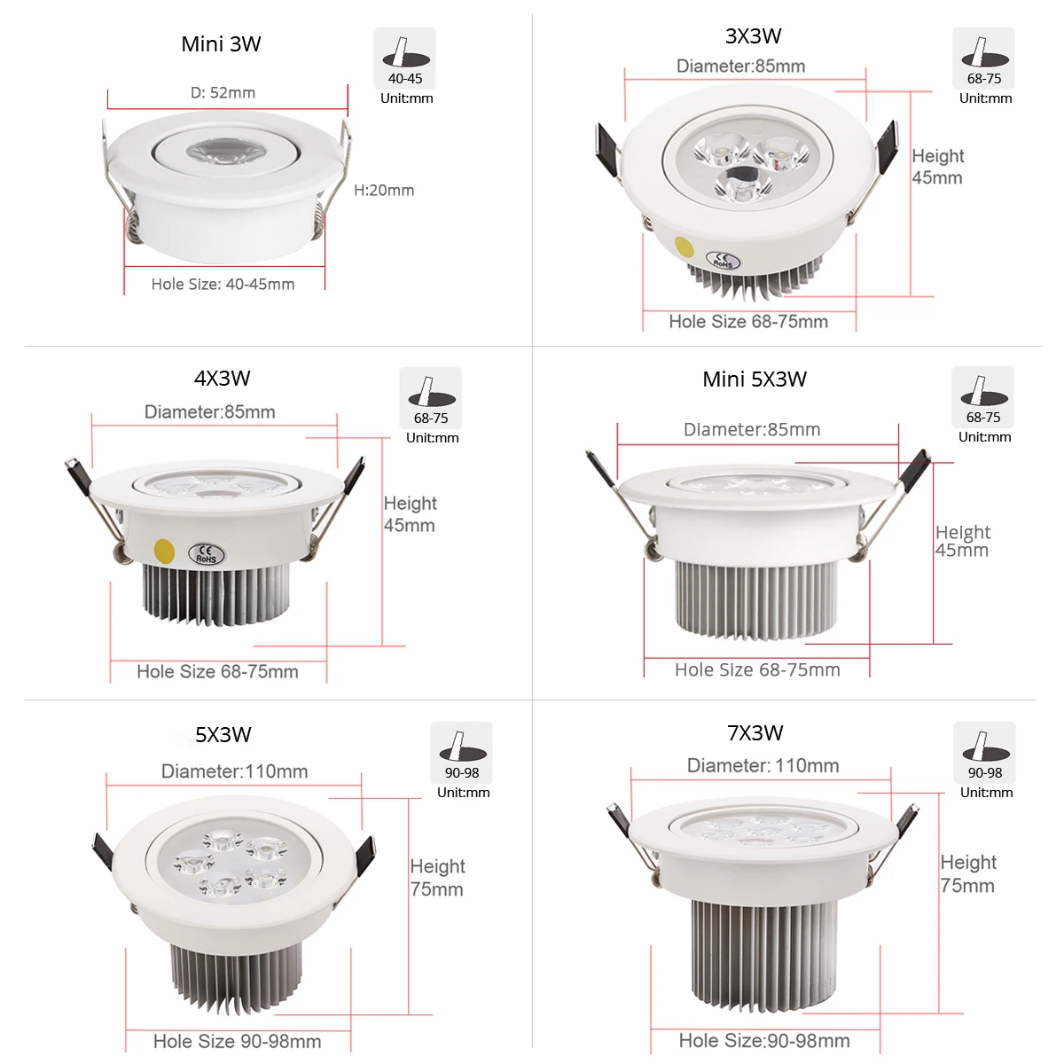 Spot LED Light Cut Hole 70mm 90mm Reccesed Downlight Middle Szie For Home Celing 20 square meters suggest 10-15pcs