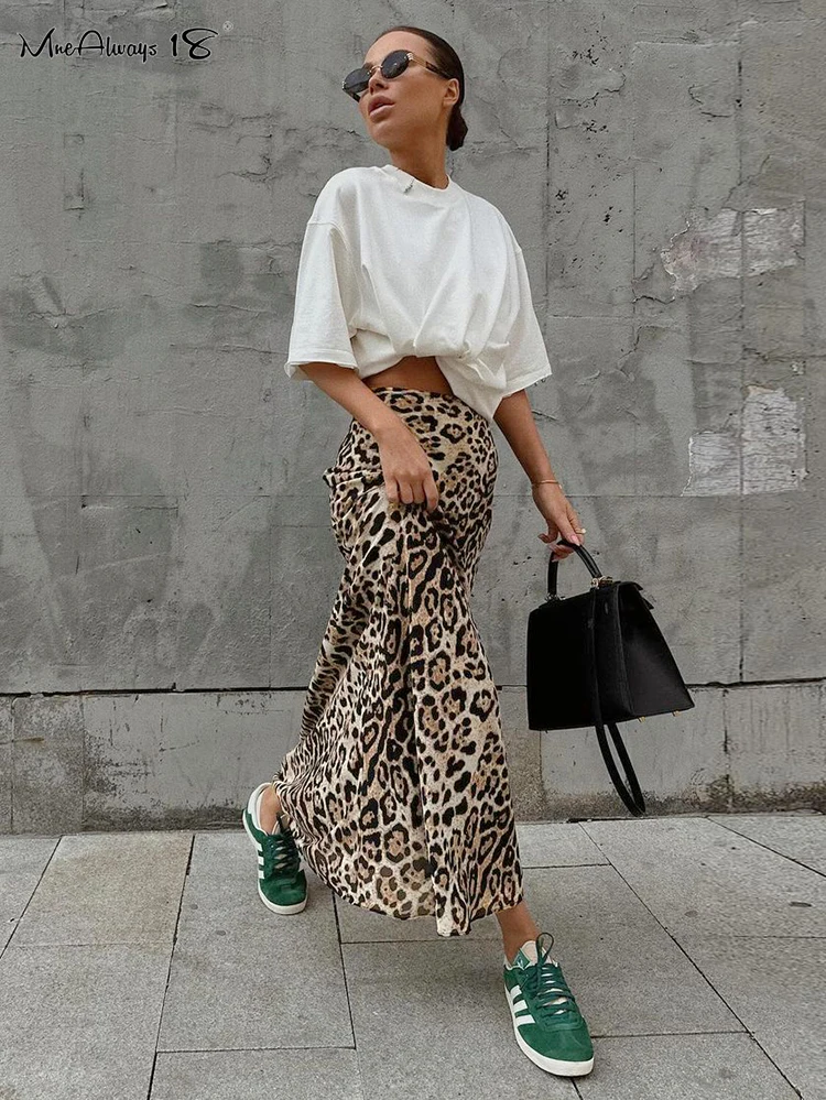 Mnealways18 Streetwear Leopard Print Long Skirts Women High Waist Fashion Classic A-Line Skirts Ladies Autumn 2024 Causal Skirts