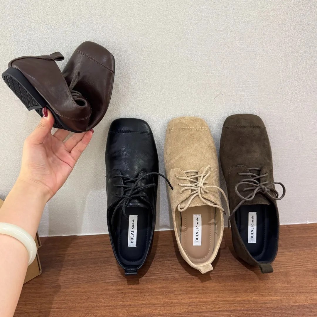 

Korean-Style Black Square-Toe Loafers for Women - Flat Sole, Ultra-Soft Comfortable, Lace-Up Leather Shoes, Fashionable Slip-Ons