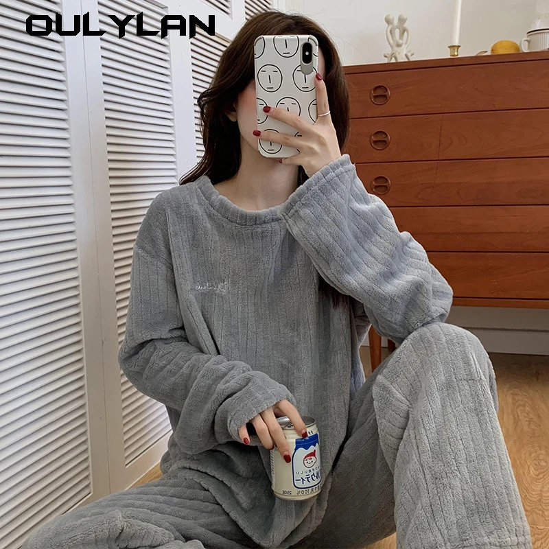 Women\'s Warm Flannel Pajamas Sets Two-piece Coral Fleece Homewear Autumn Winter Loose Casual Striped Simple Cozy Pajamas