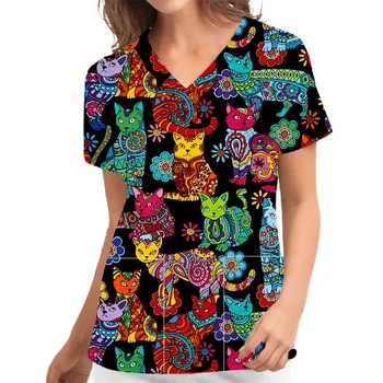 Uniformes quirúrgicos para mujeres y gatos, estampados con cuello en V, bolsillos, uniforme de veterinario en T, uniforme de enfermería para Hospital, Unisex