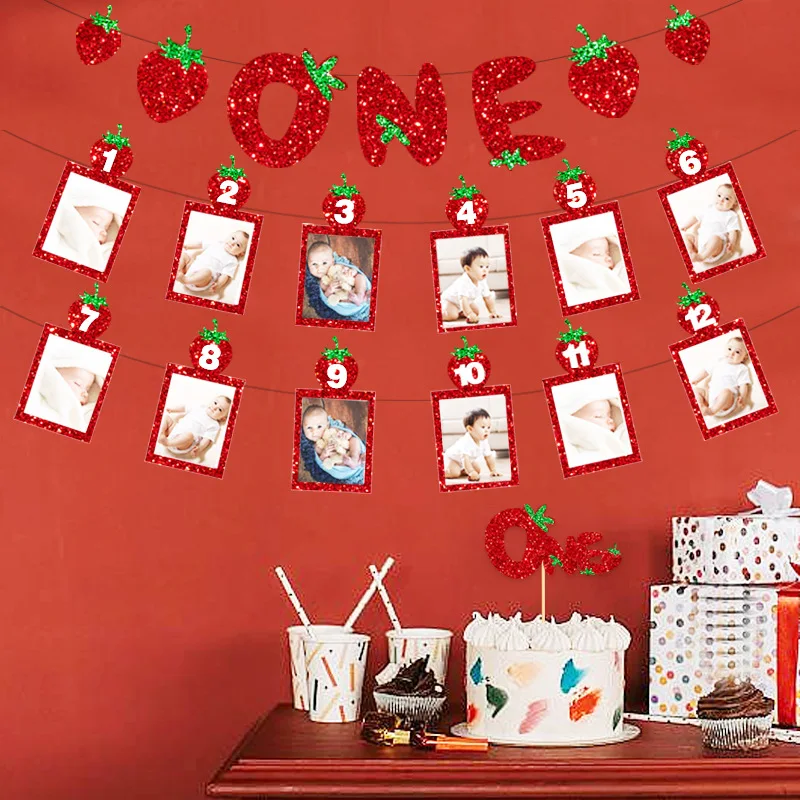 Sweet Strawberry First 1st Birthday Baby 12 Months Banner Photo Frame Banners Garland for Baby Shower Birthday Party Decoration