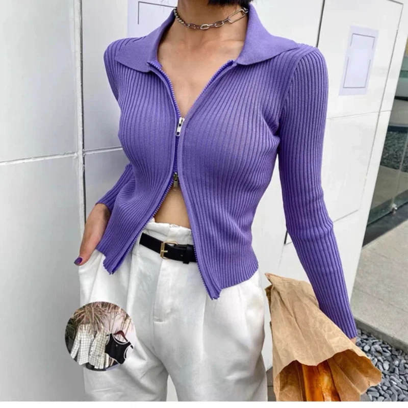 

YTJHRG Women's Cardigan Double Headed Zippers Jumpers Fashion Knitted Sweaters Solid Long Sleeve Casual Autumn Winter 2024 New