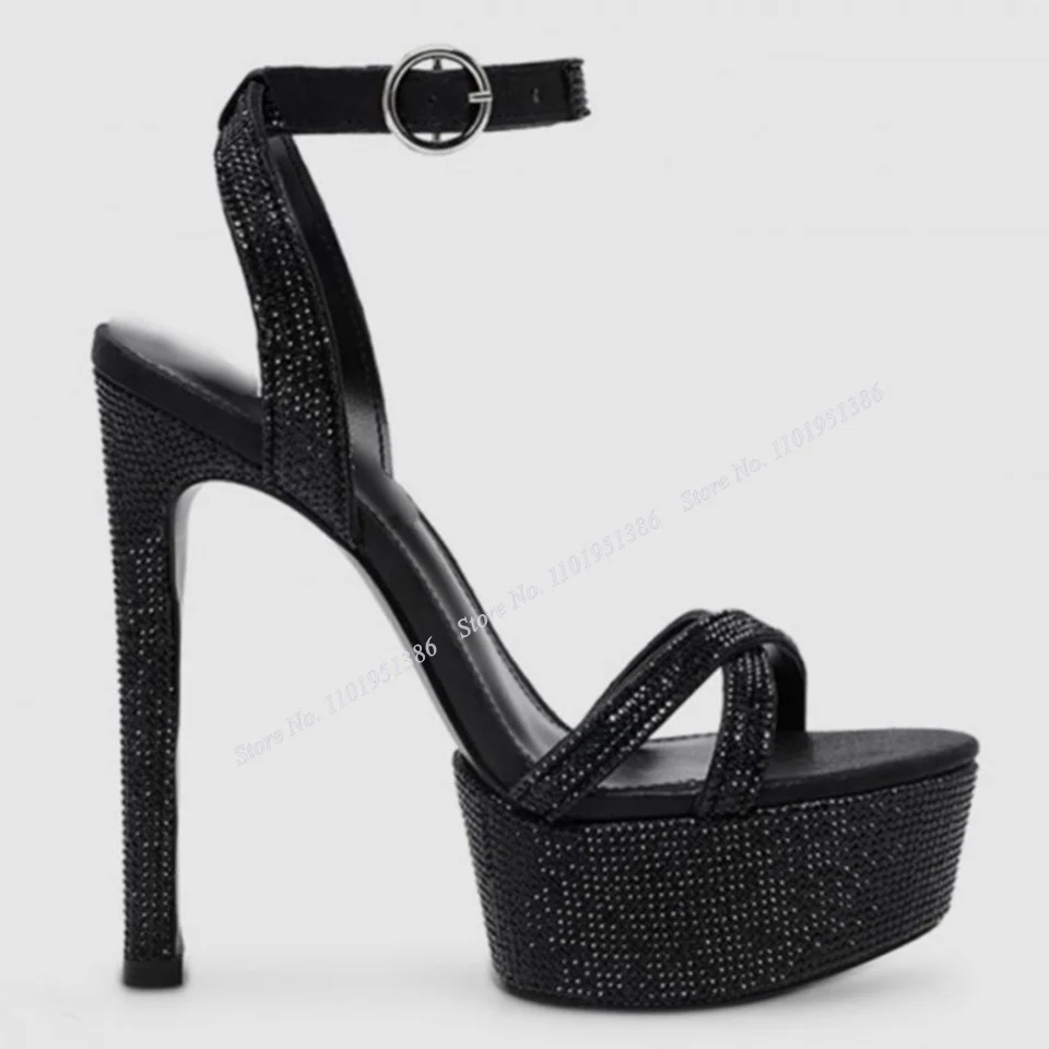 Moraima Snc Band Decor Crystal Platform Sandals Open Toe Stilettos Heels Ankle Buckle Sandals High Heels Wedding Shoes on Heel