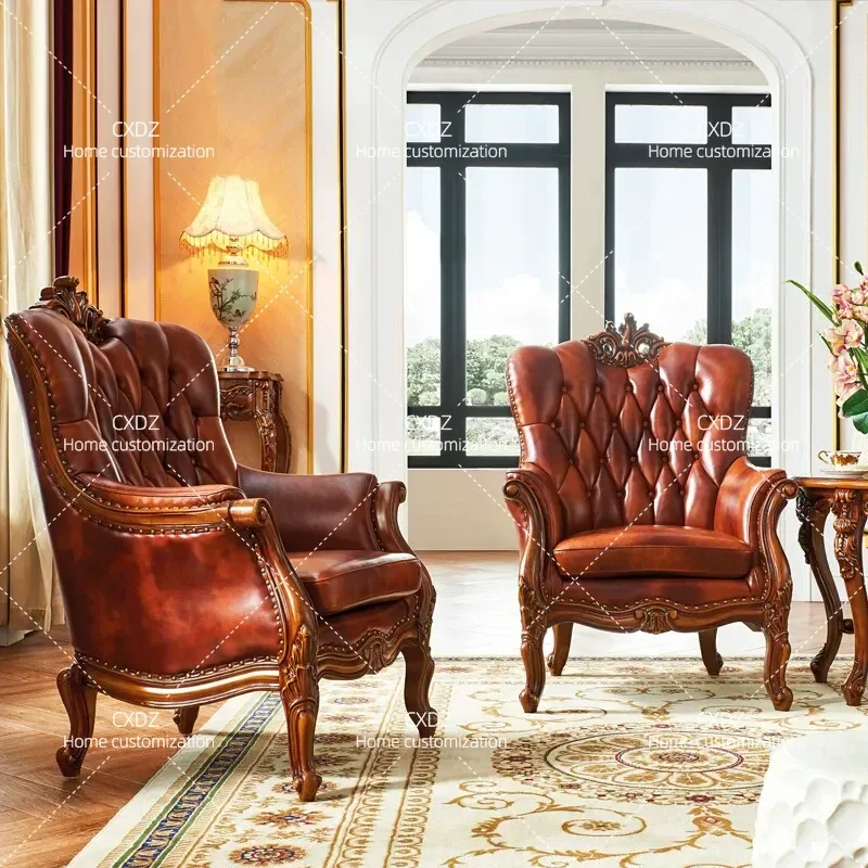 American Solid Wood Sofa Chair Leather Leisure Single Seat Living Room Tiger Chair Meeting Balcony Lazy Backrest Armchair