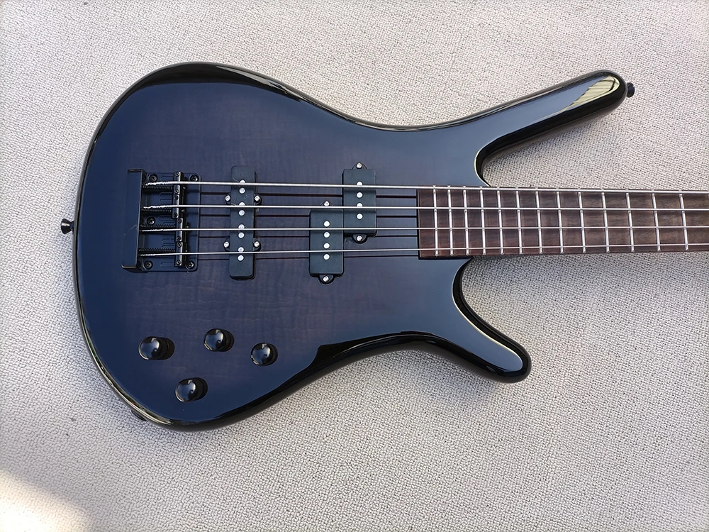 4 Strings Black Electric Bass with Rosewood Fretboard,Flame maple Veneer,Custmizable