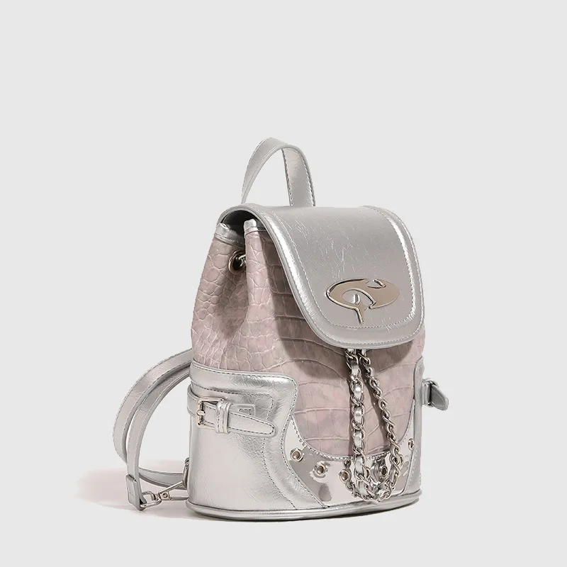 2025 New Niche Design Fog Pink Backpack Crocodile Pattern Small Backpack Autumn Winter New Style Trendy Design Outgoing Backpack