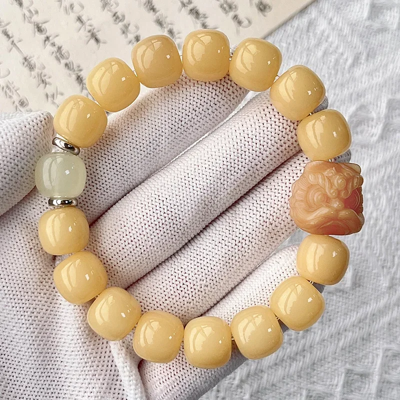 Handcarved Lion Awakening Bodhi Root Bracelet Weathered Wrap Their Fingers in A Soft Single Circle Creating A Cultural Playful