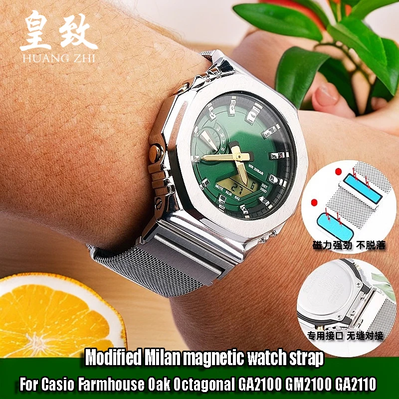 카시오 G-Shock 팜용 금속 수정 시계 밴드, 밀라노 메쉬 팔찌, 스테인레스 스틸 스트랩, 시계 체인, 오크 GA2100, GM2100, GA2110