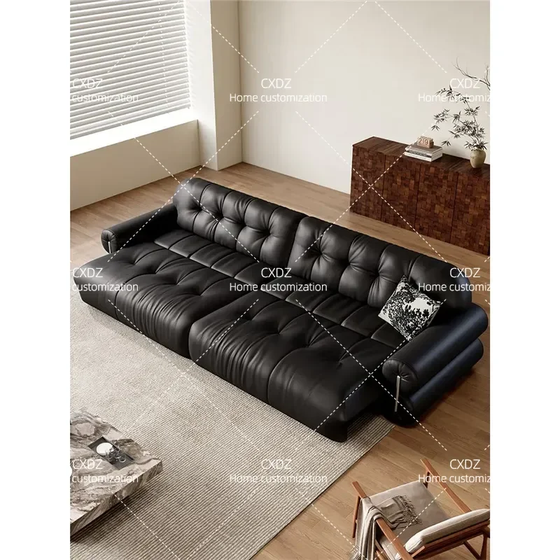 Brown Sugar Electric Retractable Leather Straight Row Cloud Sofa Black Retro Style Sofa Bed