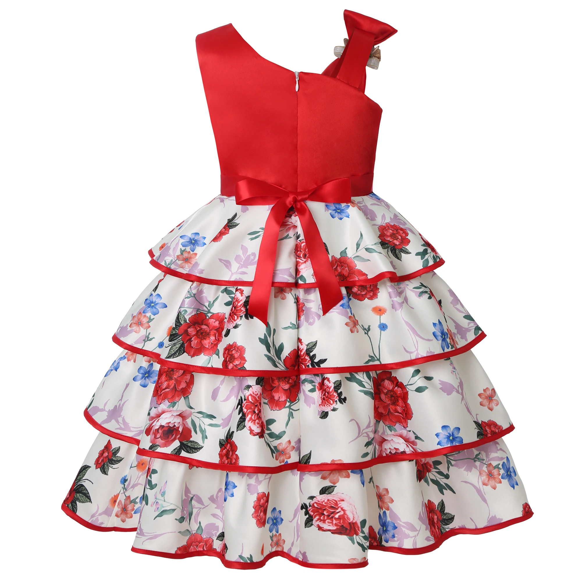 Girls' asymmetrical shoulder bow tie cake dress, formal dress, printed ladies' birthday party outfit