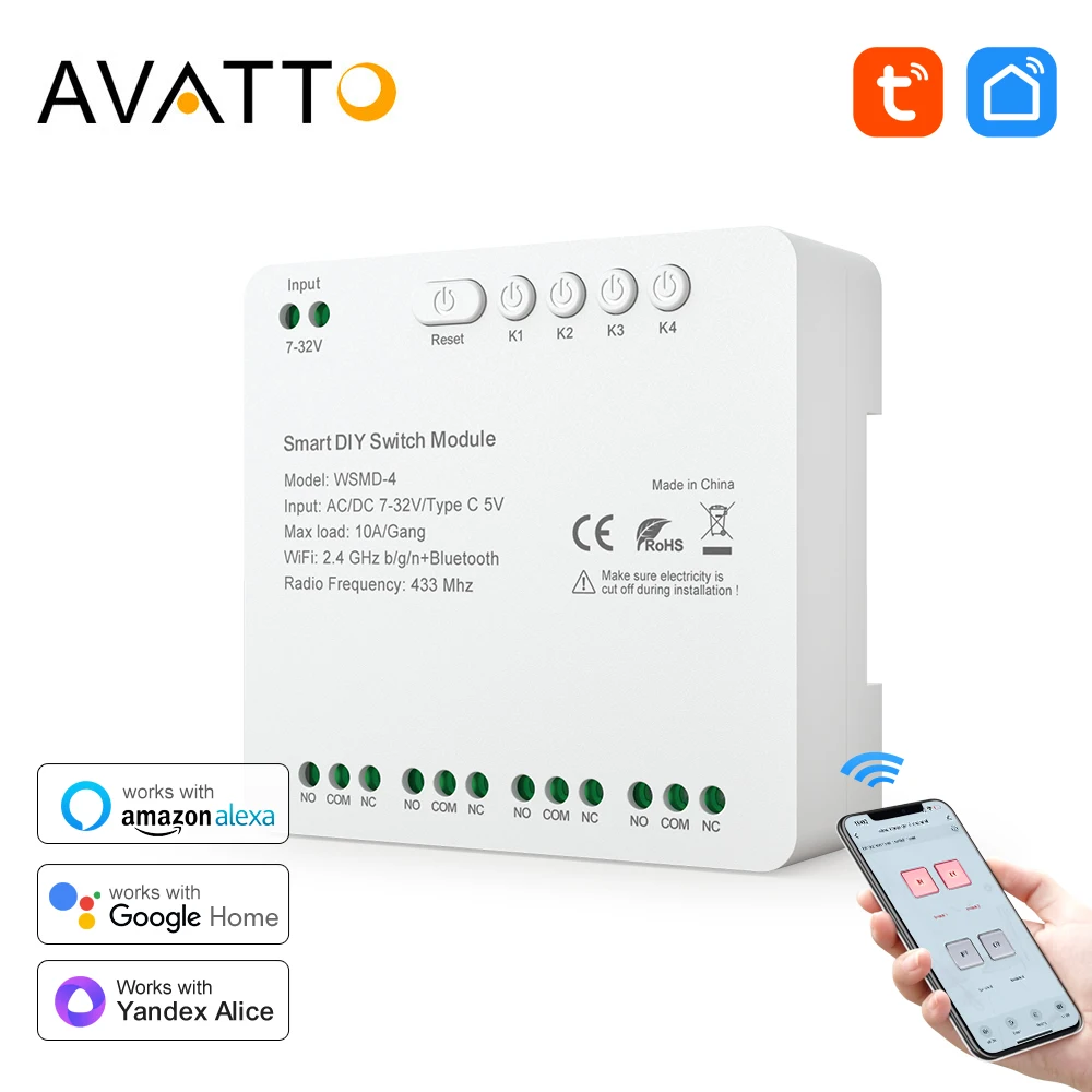 AVATTO Tuya WiFi RF433 7-32V/85-250V DIY 4 Channels Smart Switch Module Relay Module Works With Alexa,Google Home,Alice