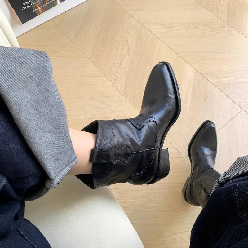 

New British Style Genuine Leather Pointed Toe Western Cowboy Boots Women Vintage High Heel Fashion Ankle Boots Brown