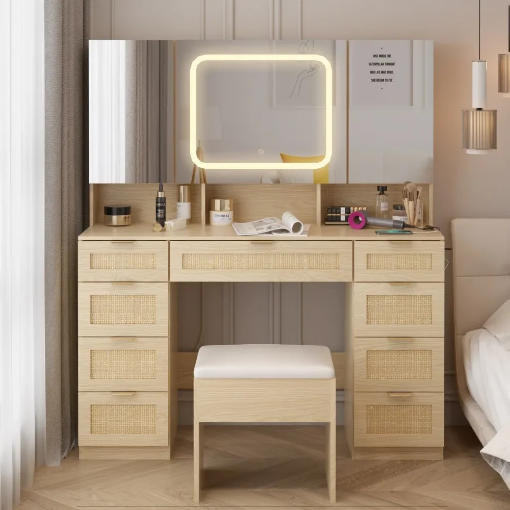 Rattan 9 draw 3 mirror cabinet contains 1 LED3-tone light touch mirror door dressing table set with plug-in large size Dressers