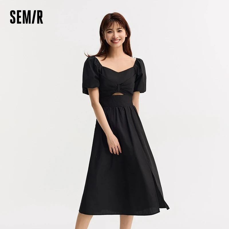 Semir Women Dress Solid Color Puff SleeveElegant And Slimming Sweet Summer French-Style Waist-Collecting Little Black Dresses