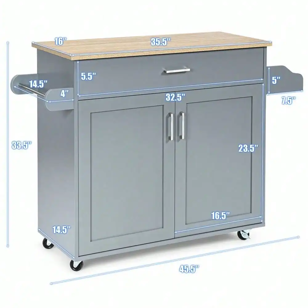 Rolling Kitchen Island Cart Storage Cabinet w/ Towel & Spice Rack Gray