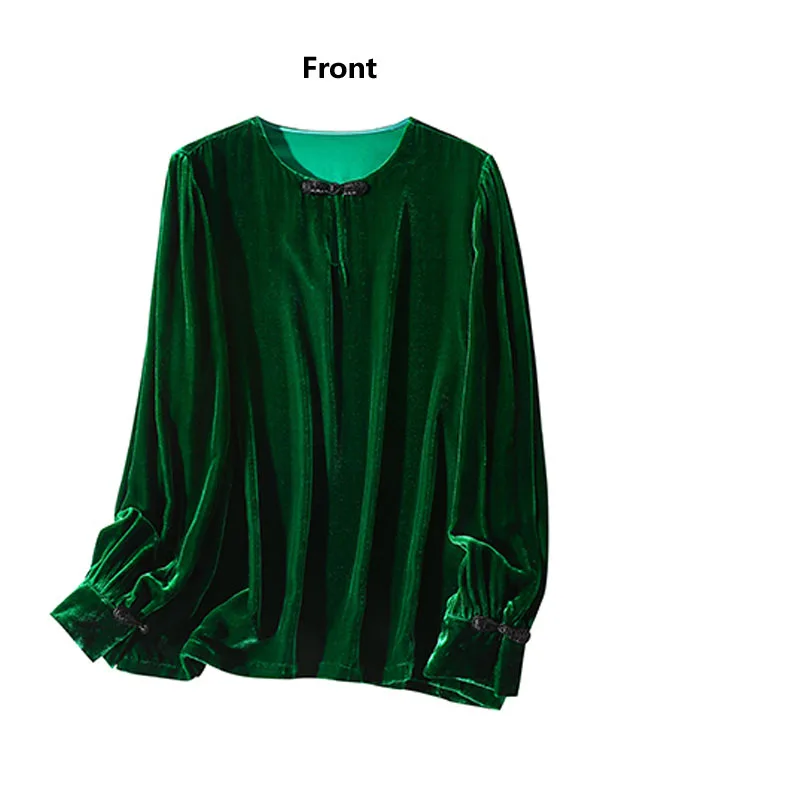 Real Silk Velvet Spring and Autumn Women's Long-sleeved Crew Neck T-shirt Dark Green Large Size Pullover Silky Glossy Feeling