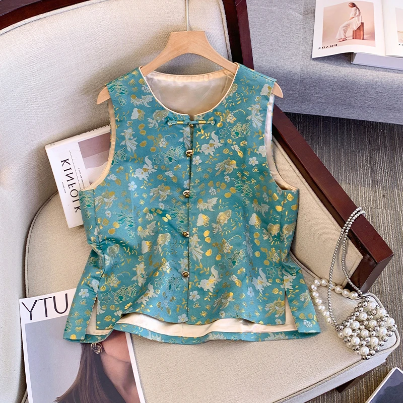 

Autumn New Sle Women's Svel T Vest SONG JIN Embroidered Floral Design Front Button round Ne Polyurethane Elasti...