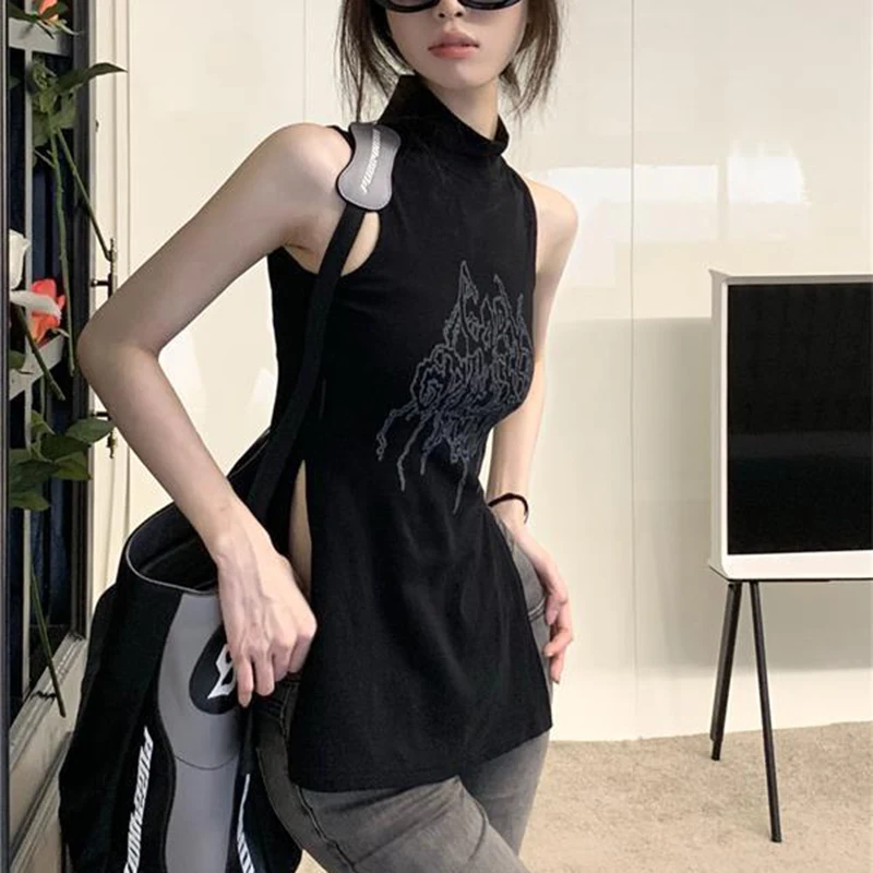 Gidyq Summer Fashion Printed T Shirts Women Casual Streetwear Slim Tops Y2K Female All Match Slit Sleeveless Tees