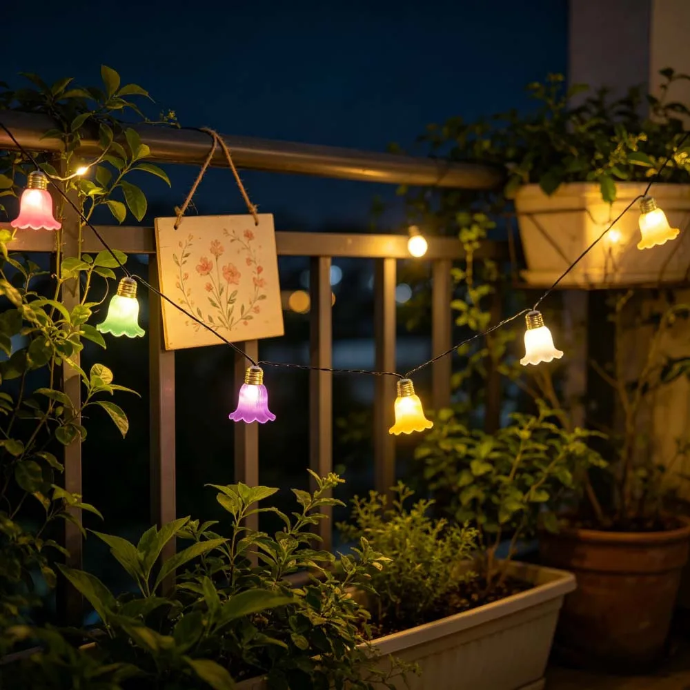 1PC 5M10LED Ballet Skirt Bell Flower Light, Waterproof Solar Outdoor Fairy String Lights for Outdoor Patio Fence Garden Party