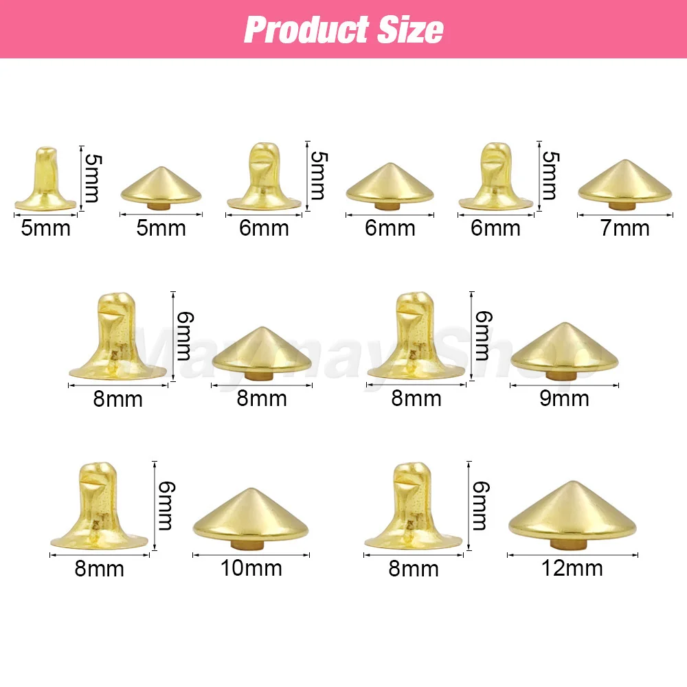 100sets 5mm-12mm DIY Punk Rock Conical Rivet Spikes For Clothes Shoes Bags Decoration Leathercraft Accessories With Tools