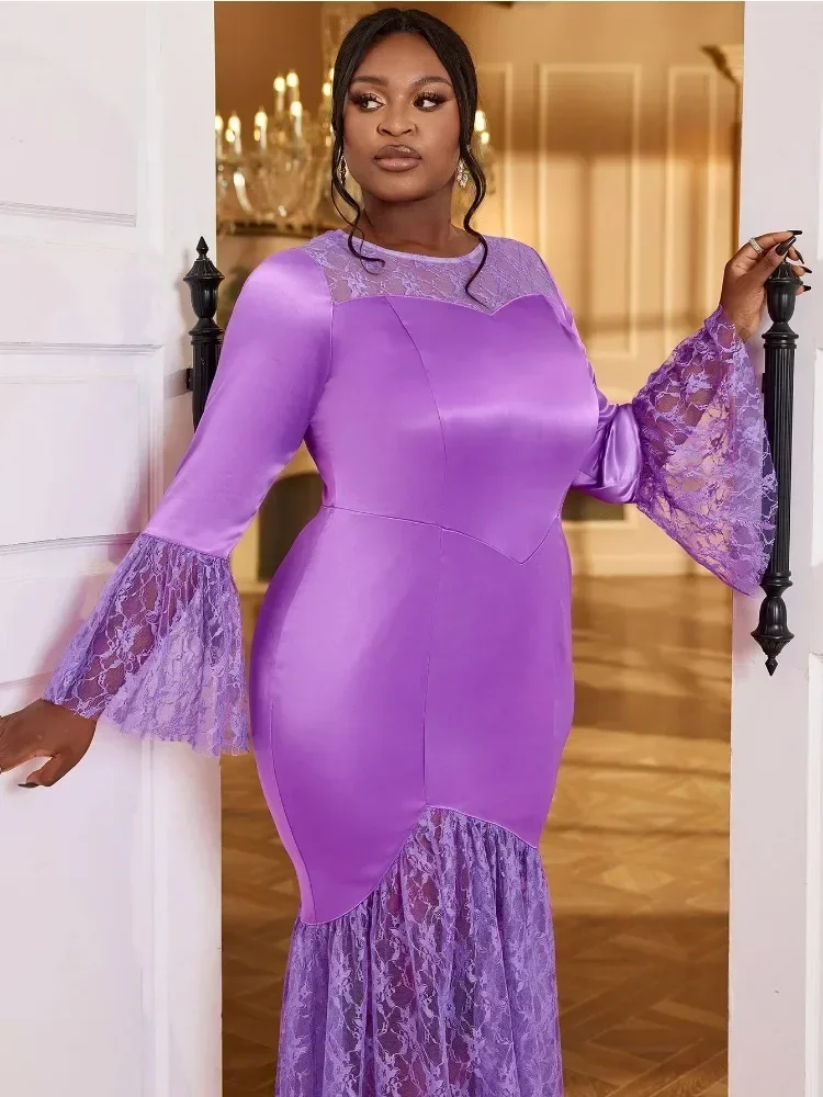 Abito slim fit pieghettato elegante girocollo in pizzo Abito lungo da festa in discoteca con patchwork in raso viola opaco autunno/inverno
