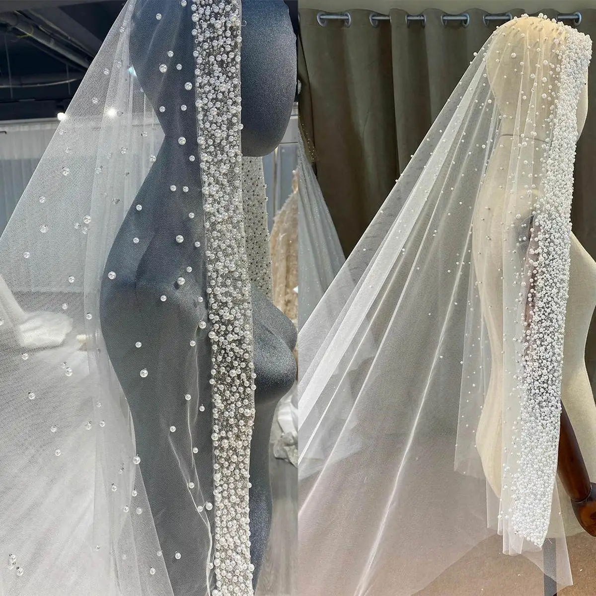 

Gorgeous Wedding Veil Pearls One Layer Long Cathedral Length Veils Bead Edge Velo De Cabeza Custom Made High Quality