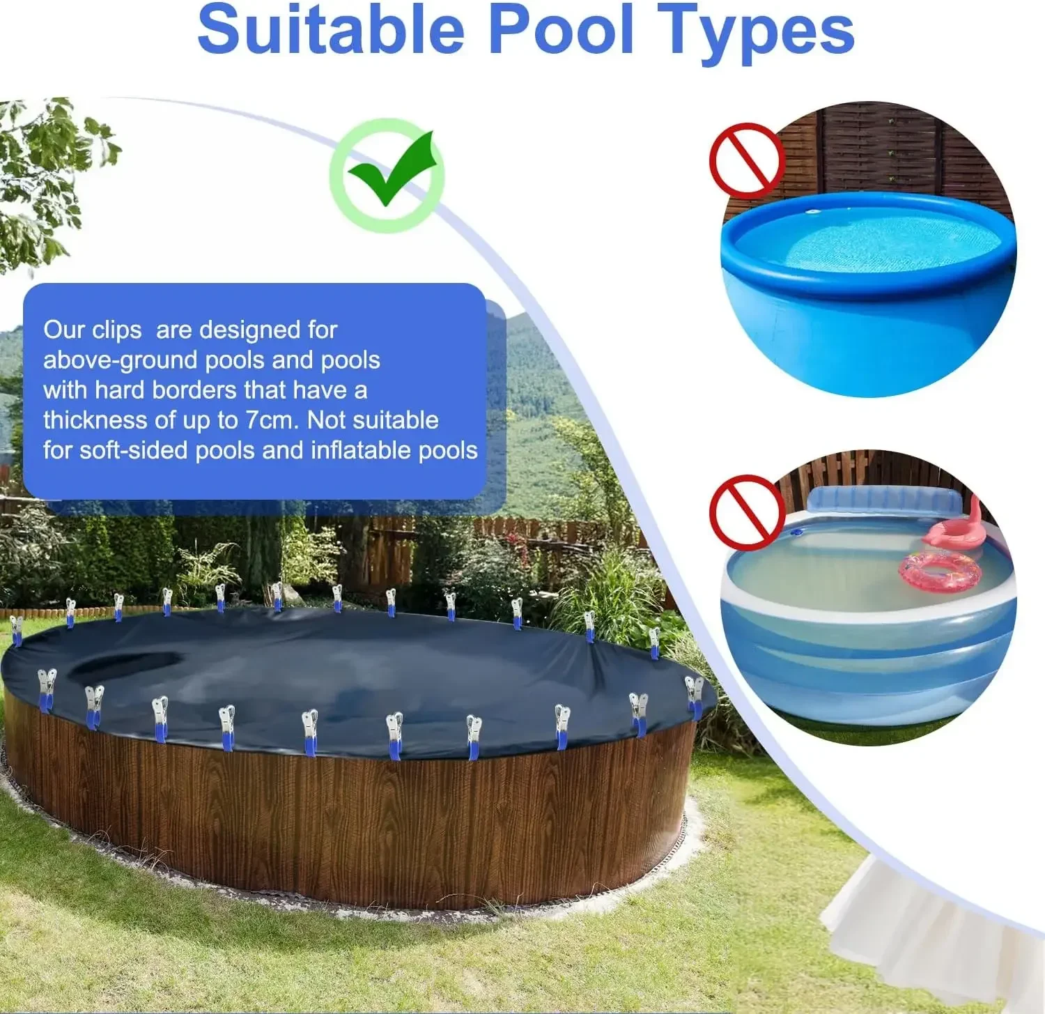 12 clips duraderos de acero inoxidable para cubiertas de piscina con mango de plástico azul - Aptos para cubiertas de piscinas elevadas y fotografía