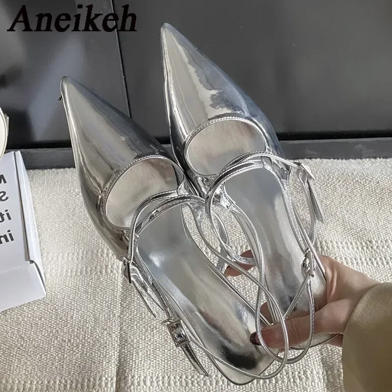 Aneikeh ฤดูร้อนใหม่แฟชั่น Pointed Toe เซ็กซี่เงิน Slingback ผู้หญิง Luxury Med Heel รองเท้าแตะปั๊มงานแต่งงาน Zapatos Mujer