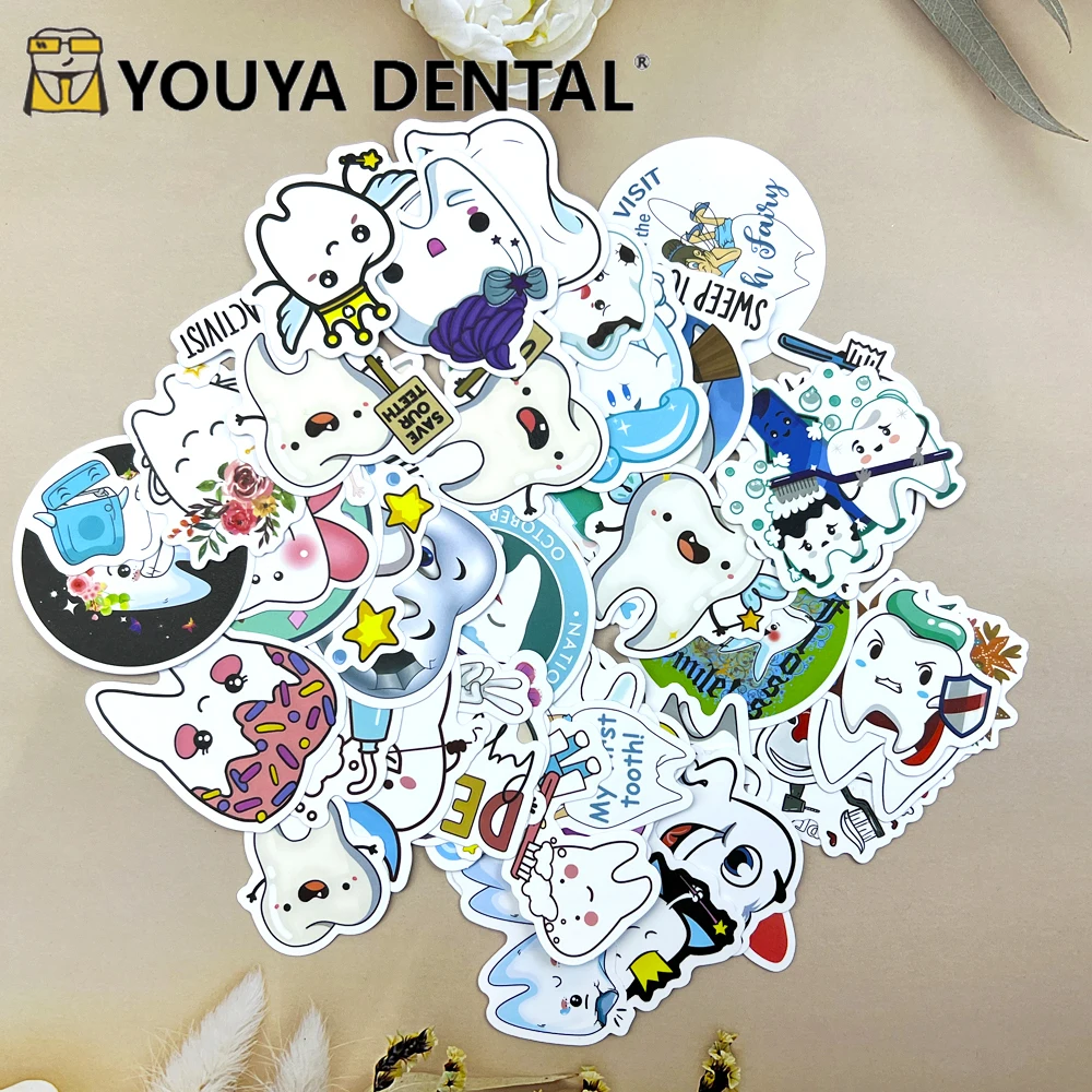 50pcs Cute Dental Tooth Shaped Stickers Shaped Cartoon Stickers Aesthetic Decorative for Kids Gift Dentist Clinic Decoration