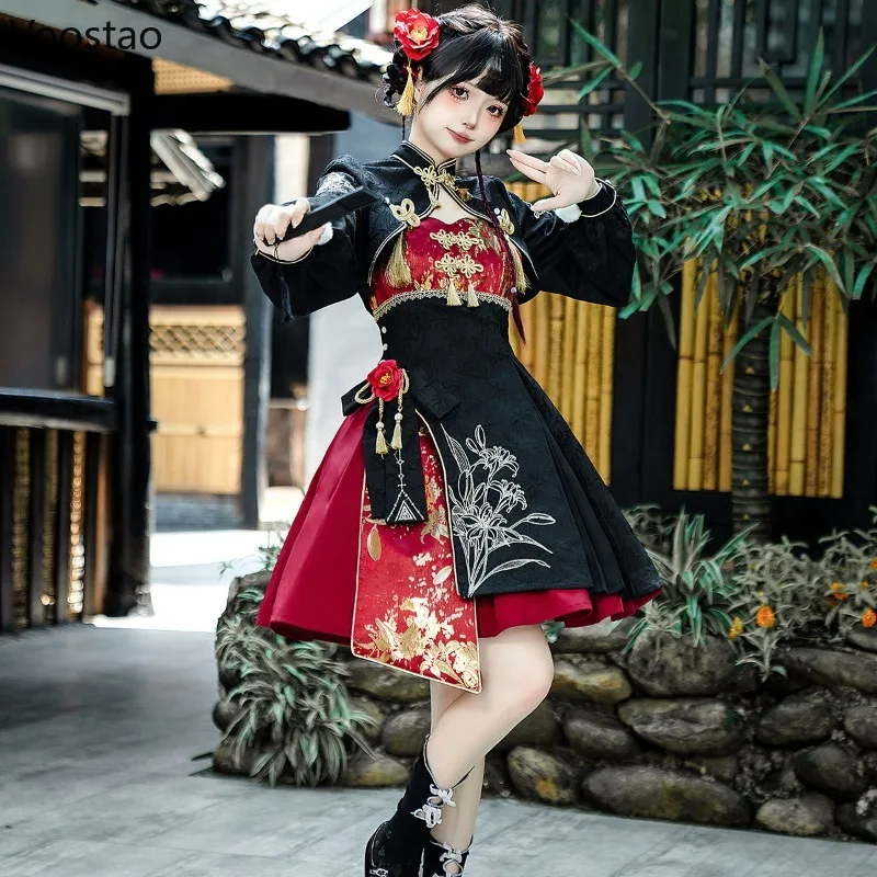 Dolce nero rosso abiti da festa da sera Harajuku Y2k cosplay principessa mini abito stile cinese gotico Lolita abito da donna stile punk