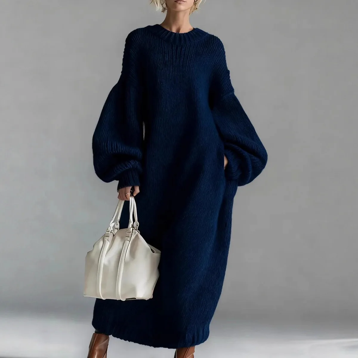 

2026 Cross-Border Foreign Trade Women's Clothing Independent Site Amazon Round Neck Loose Lantern Sleeve Long Knit Sweater Dress