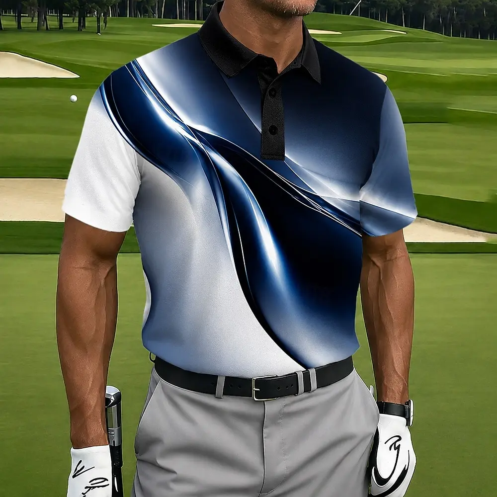 

Men's Spring Summer Casual Polo Shirt, Navy & White Glossy Wave Print Tops for Daily Street Holiday Dating & Leisure Outfit