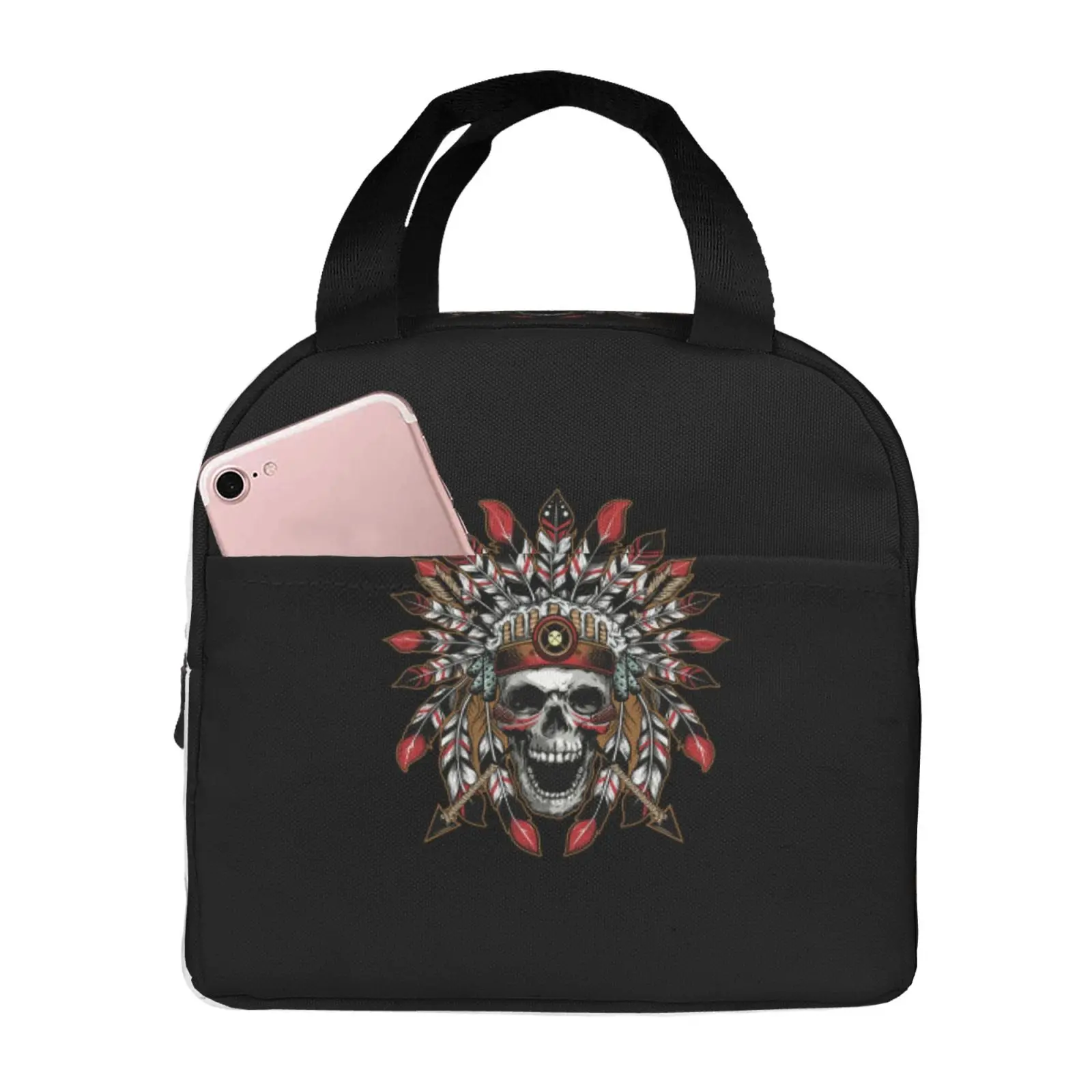 

Сумки для обеда с черным узором Ndian Skull, изолированная коробка для бенто, сумка для обеда, герметичные сумки для пикника, термосумка для женщин, девочек, школы