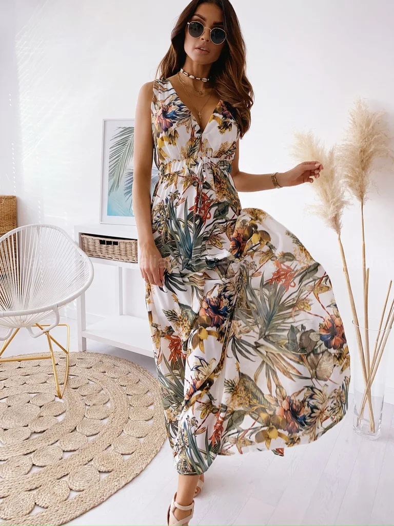 Vintage Floral Print Long Dress Women Sexy Deep V Neck Lace-Up Backless Boho Party Dresses Elegant Sleeveless Beach Maxi Dress