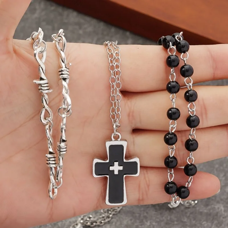 3-piece Gothic necklace set with black and white cross pendant, spiked chain, black bead chain, stackable necklace, punk jewelry