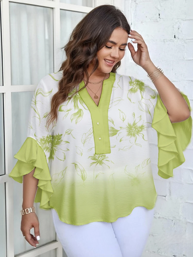 

Womens Floral Print Gradient Blouse Notch Neck Ruffle Bell Sleeve Casual Beach Top Summer 2026