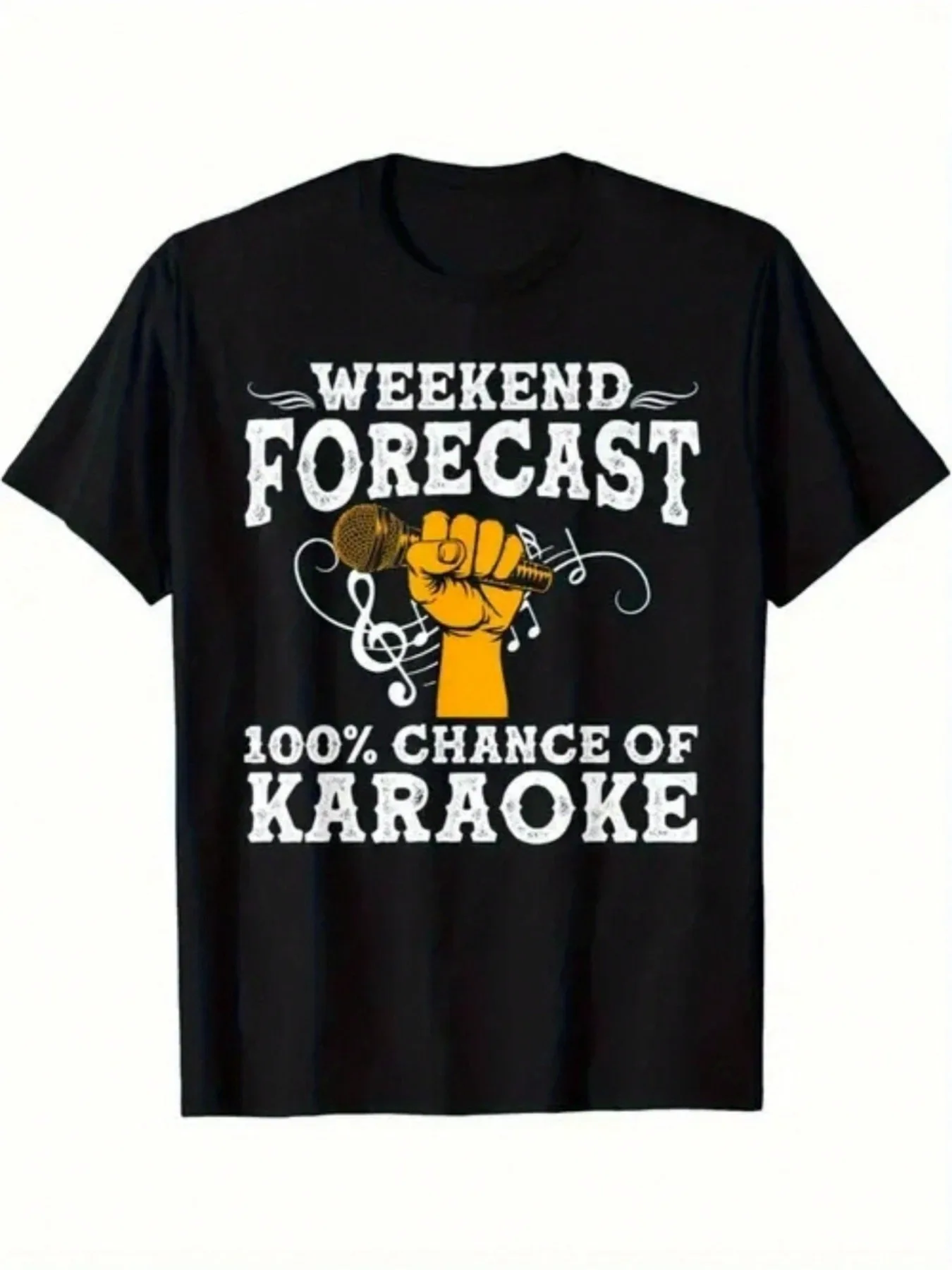 تي شيرت رجالي من القطن بنمط "Weekend Forecast" - أسود، كاجوال بأكمام قصيرة، مع ميكروفون وطباعة جيتار، 180 جم/م2 #1