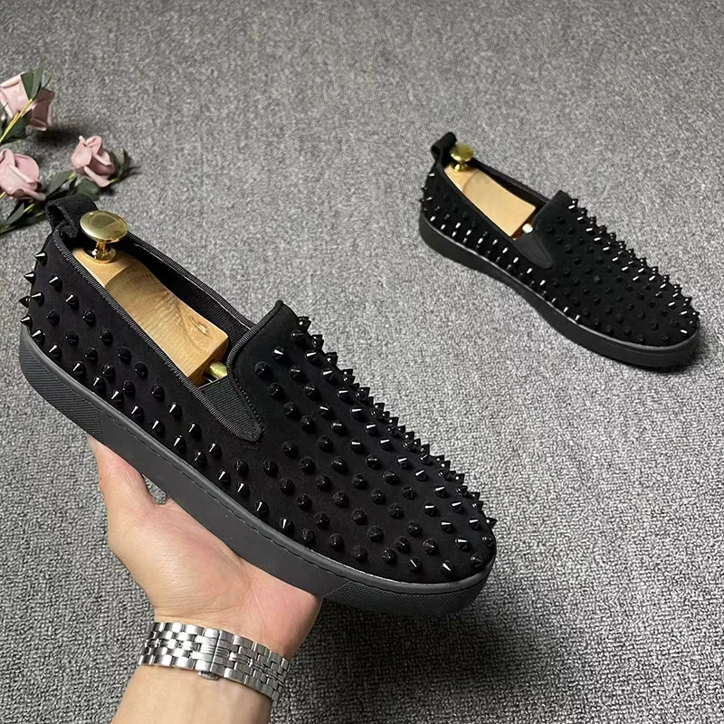 

mens casual stage rock rivets shoes slip-on cow suede leather spikes studded shoe black stylish summer loafers youth footwear